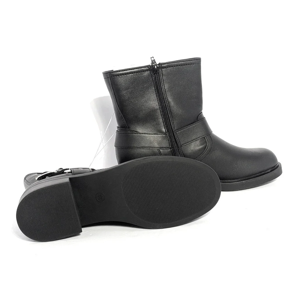Black Moto Harness Ankle Boot 11 Buckle Strap Biker Western Side Zip Chunky Heel - Picture 6 of 6